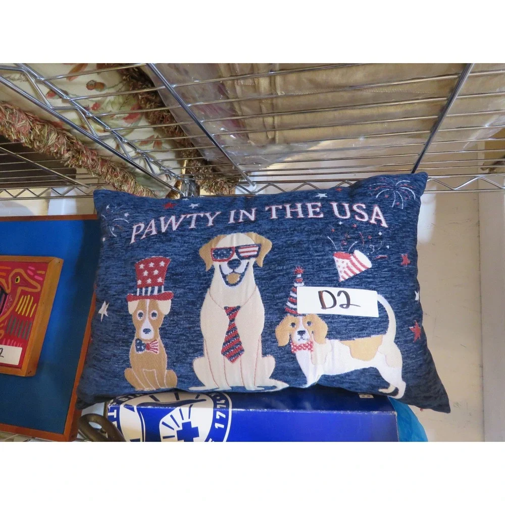 Pawty In The USA Patriotic Fourth of July Dog Lumbar Throw Pillow Navy Red